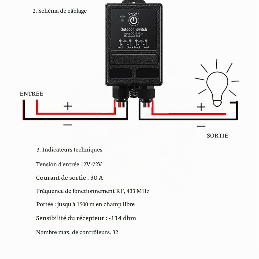 Interrupteur a Telecommande12v,IP65 Impermeabile Commutateur a Distance sans Fil,DC12V/24V/48V/72V RF Commutateur à Telecommande,40A Relais avec 9400ft de Long Rayon