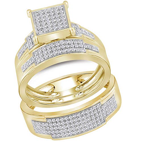 His and Hers Bridal Womens and Mens Engagment and Wedding Band Complete Trio Matching Wedding Rings Set 10K Yellow Gold Round Diamond Square 1/2 Cttw
