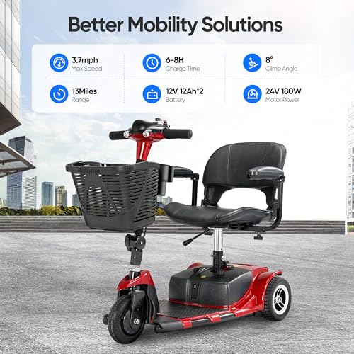 Image of 3 Wheel Mobility Scooters for Adults，Collapsible Electric Powered Wheelchair，Portable Compact Motorized Scooter for Travel，Long Range Power，Battery with Charger，Basket and Cup Holder