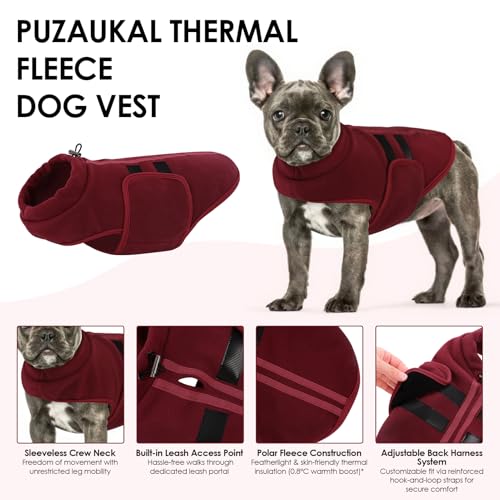 PUZAUKAL Hundepullover Fleece Weste Hundemäntel Winter Warmer Hundeweste für Kleine Hunde Weicher Fleece Hundejacke mit Geschirr Pullover für Mittel Großen Hund Katze (Burgunderrote S)