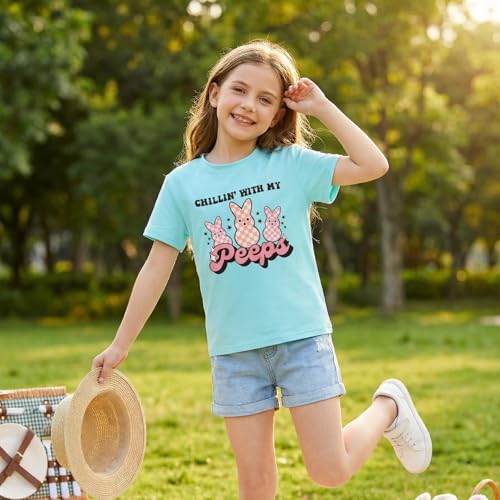 Image of CM C&M WODRO Kid Girl Easter Bunny T-Shirt Chillin' with My Peeps Shirt Short Sleeve Funny Happy Easter Graphic Tees Tops