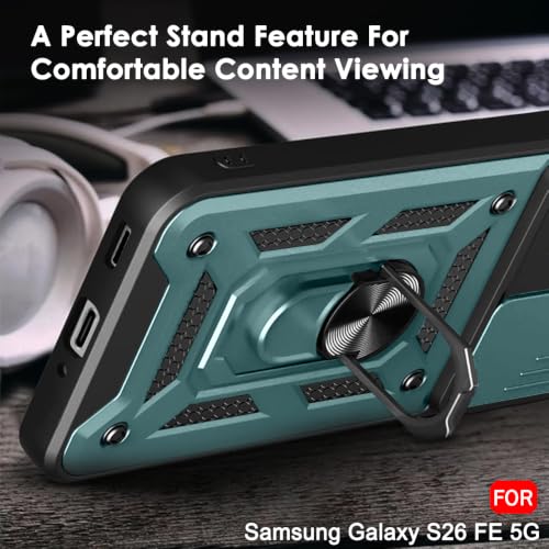 Image of TheGiftKart Tough Armor Bumper Back Cover Case for Samsung Galaxy S26 FE 5G | Sliding Camera Cover, KickStand & Ring Holder | 360 Degree Protection Back Cover Case for Samsung S26 FE (PC & TPU, Green)
