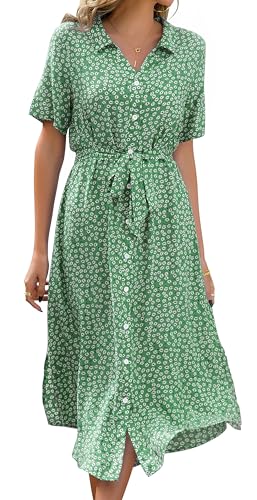 Livonmone Sommerkleid Damen Kurzarm Casual V-Ausschnitt Blumendruck Kleider Strandkleider Sexy Schlitz Midikleid Cocktailkleid Partykleid mit Gürtel (Grün, XXL)