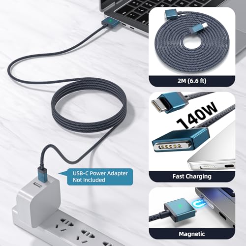 Image of USB-C to Magnetic 3 Cable for M4 MacBook Air Pro Charger, 140W Magnetic Safe 3 Cable for MacBook Air (15'' /13'' M4 2025, M3 2024, M2 2023, M2 2022), MacBookPro (16 inch /14 inch 2024 /2023 /2021), 2M /6.6ft Blue