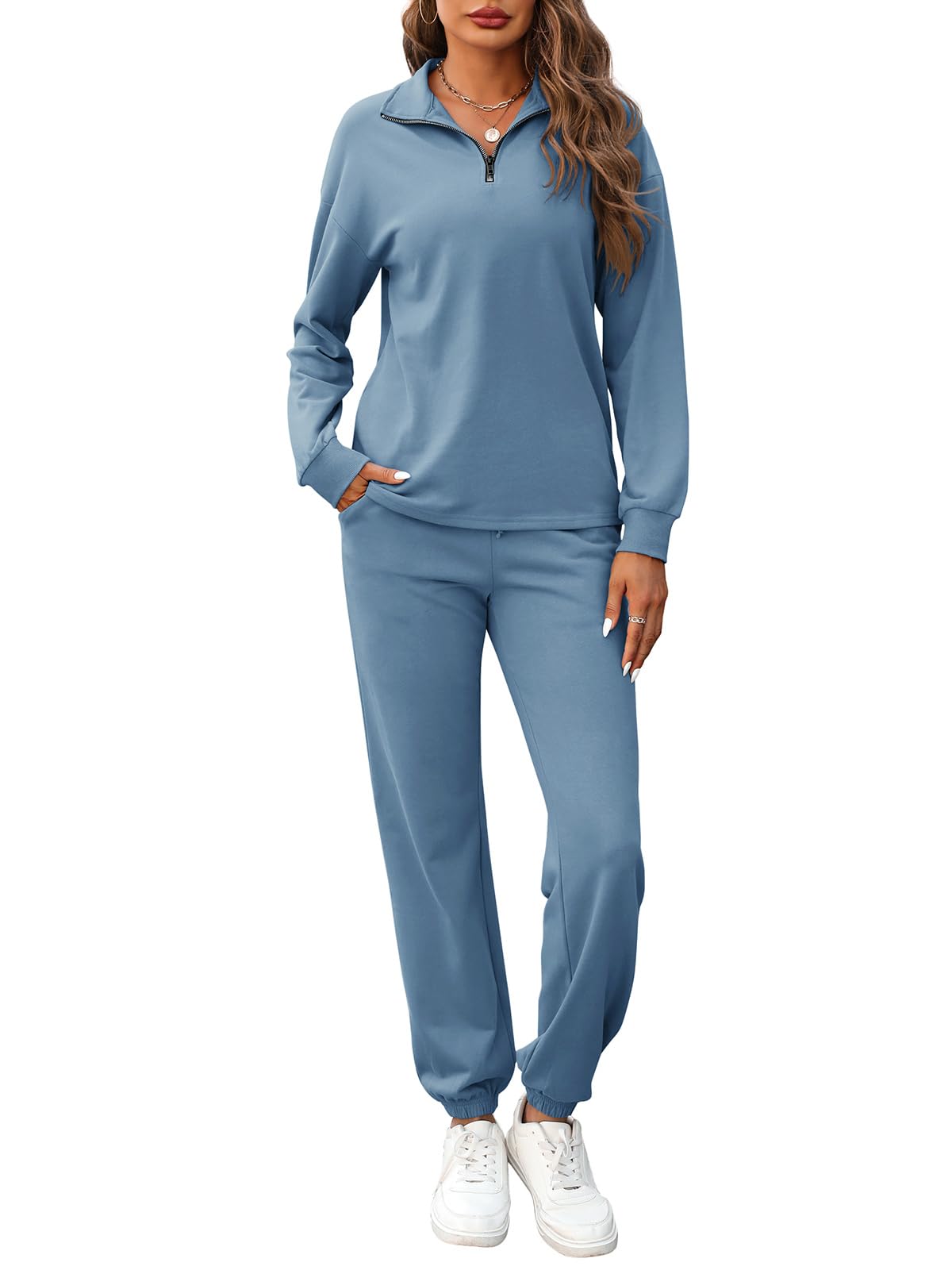 REORIA Damen Baumwolle Jogginganzug Halber Reißverschluss Tracksuits Henley Ausschnitt Zweiteiler Langarm Trainingsanzug Hausanzug Sport Set Lounge Set