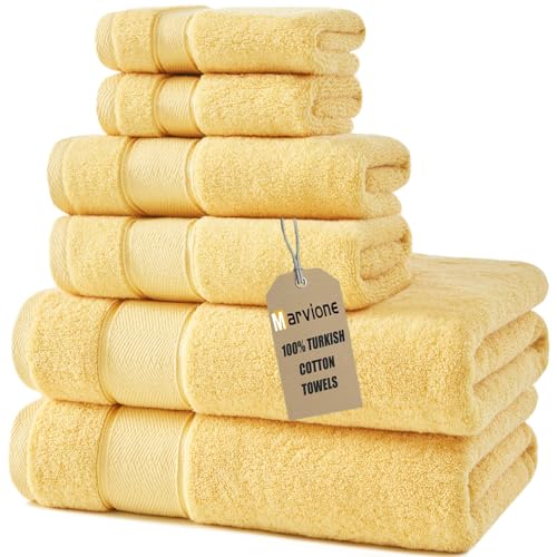 Marvione Bath Towels Set 6 Piece 100% Turkish Cotton Highly Absorbent and Soft Towels for Bathroom 2 Bath Towels 2 Hand Towels 2 Washcloths Light Yellow