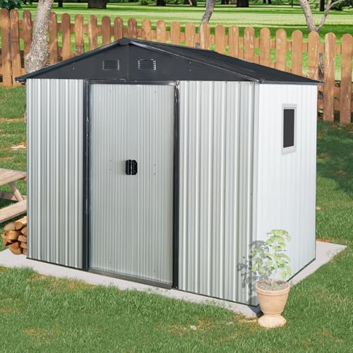 Ball & Cast 8x4FT Outdoor Storage Shed,Large Metal Tool Sheds with Window and Foundation,Garden Tool House W/Tilted Roof & Lockable Door,for Backyard Garden Patio Lawn,White+Black