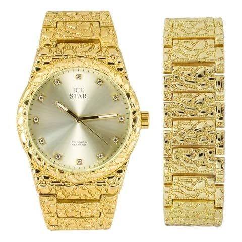 Techno Pave Men's 45mm Nugget Design Watch & Bracelet Set, Diamond Accent Dial - Gold Cover