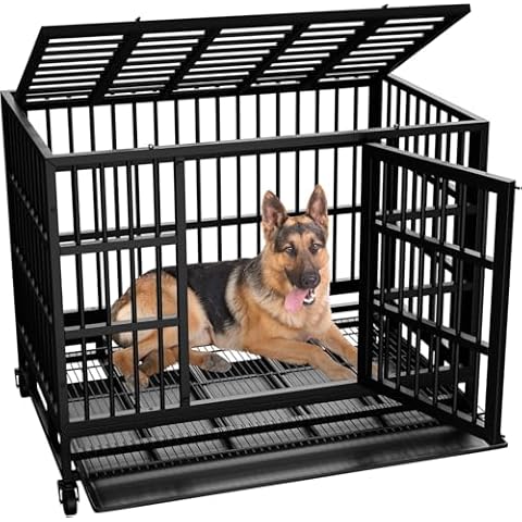 Vongrasig 48/38 "Heavy Duty Indestructible Dog Cage Double Door Escape Cage Kennel, Reinforced Metal Pet Cage, Oversized XL XXL Cage for Large Dogs with Removable Tray Cover