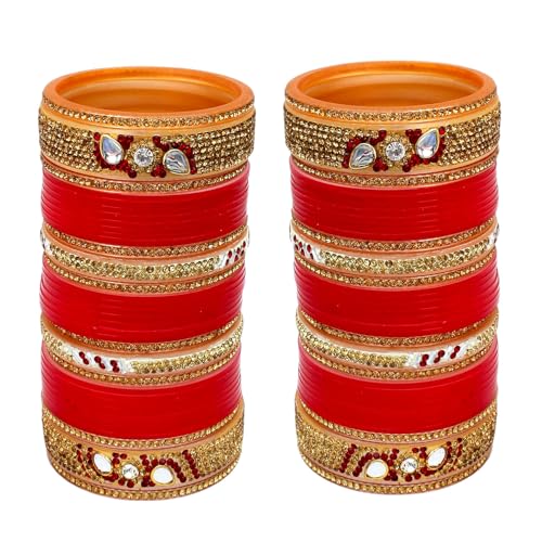 Lucky Jewellery Bridal Bangle Set Dhanteras/Diwali/Bhai Dooj Collection Designer Golden White & Red Stone Chuda Bridal Dulhan Wedding Choora Fashion Chura For Women (1148-M1C1-715-R24) Deal