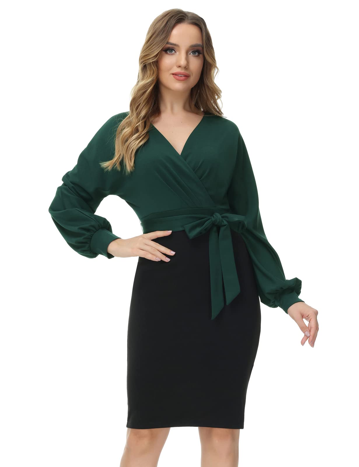 GRACE KARIN Vestito Donna Elegante Bodycon Scollo a V Corpetto Plissettato con Cintura
