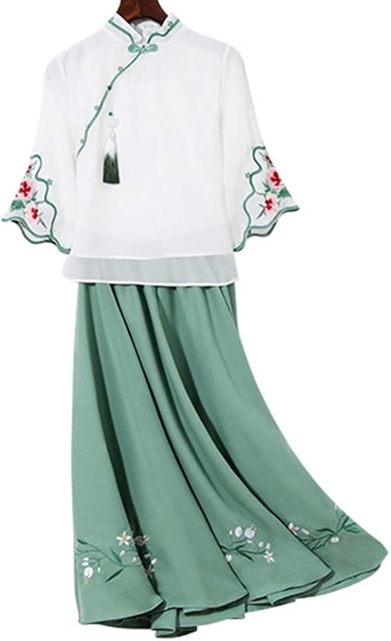 Amazon Co Jp もうほうきょう レディース シフォンワンピース 2点セット ドレス 春 秋 夏 刺繍 中国風 唐装 漢服 民族風 文芸 ゆったり 日常着用 淑女気質 七分袖 緑 2xl 服 ファッション小物