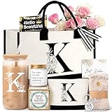 Lepiche Birthday Gifts for Women, Monogrammed Initial Gift for Teacher Wife Mom, Tote Bag,Glass Cup Gift Basket Personalized Christmas Mother's Teacher Appreciation Day,K