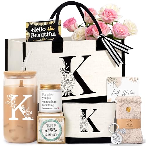 Lepiche Birthday Gifts for Women, Monogrammed Initial Gift for Teacher Wife Mom, Tote Bag,Glass Cup Gift Basket Personalized Christmas Mother's Teacher Appreciation Day,K