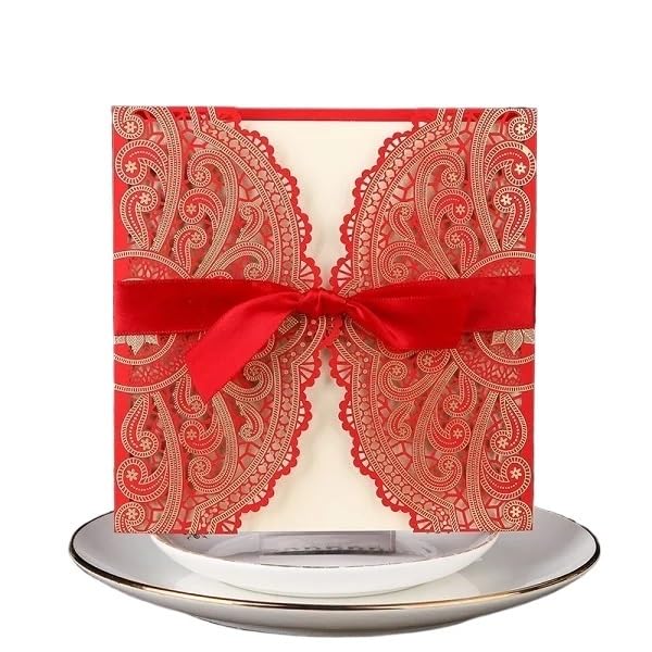Faire Part De Mariage Invitations de Mariage 50 pièces Invitations élégantes en Dentelle Carte d'invitation de Mariage for fête d'anniversaire Faire Part Mariage(Red)