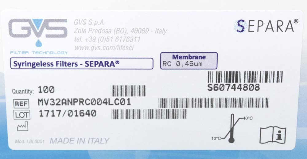GVS Filter Technology, SEPARA Spritzenlose Filter Vial, RC Membran, 0.45µm, 100/pk