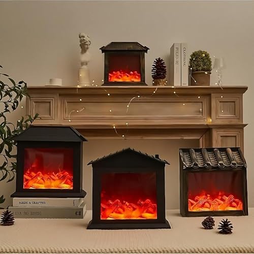 Image of Small Cozy Fireplace Lantern Traditional Realistic Log Wood Burning Flame Effect Ligh LED Charcoal Style Table LampFor Indoor & Outdoor Use