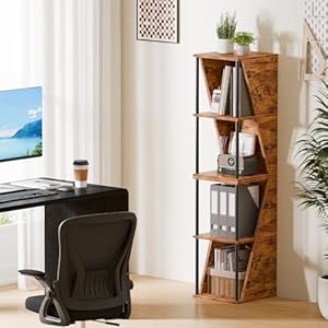   Furologee-5-Tier-Bookshelf-Small-3-Tier-Bookcase-2-Pack-Narrow-Display-Standing-Shelf-DIY-Stackable-Cube-Storage-Shelves-Rustic-Metal-Wooden-Desktop-Rack-for-Living-Room-Bedroom-Office