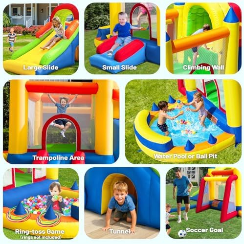 Hongcoral 8 in 1 Bounce House for Kids with Long & Wide Slide, Large Climbing Wall and Ball Pit (Water Pool) - Backyard Inflatable Playground - Extra Small Slide, Tunnel Adventure and Soccer Goal - 4