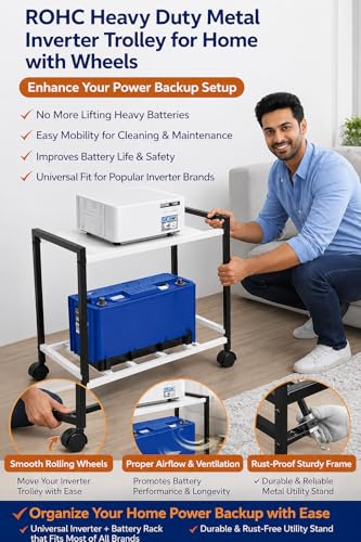 Image of ROHC Heavy Duty Metal Inverter Trolley for Home with Wheels - Inverter Battery Trolley Stand, Rust Proof Black Inverter & UPS Battery Storage Rack for Single Battery (Universal Fit) (White)