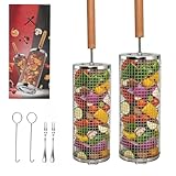 Autreykorn Grillkorb 2er Set, Abnehmbarer Holzgriff, Edelstahl 304, Grillzubehör für Gemüse, Garnelen, Pilze, ideal für Outdoor Grillen, Garten Zubehör, Geschenk für Männer und Papa inkl. 2 Gabeln
