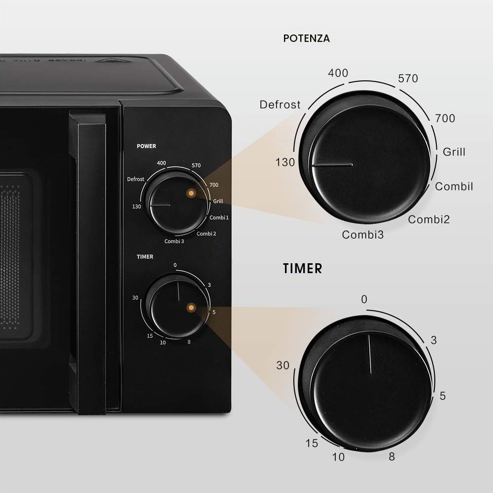 Hisense H20MOBS1HG Forno Microonde con Controllo Meccanico, Capacità 20 L, Potenza 700 Watt su 6 Livelli, Colore Nero