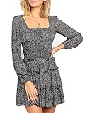 Carprinass Summer Women Long Sleeve Print Dress V Neck Casual Short Dresses Black L