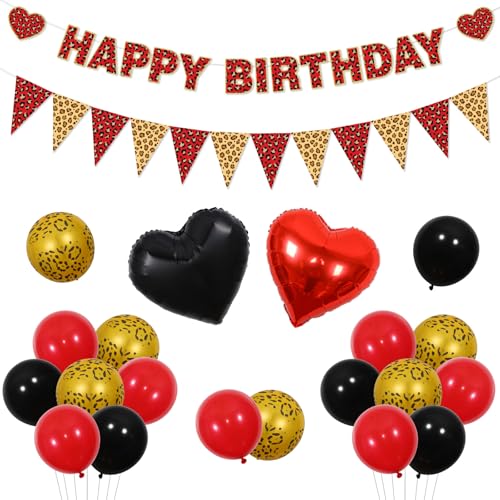 Image of Red Cheetah Birthday Party Decors Leopard Party Decors Set for Girls, Happy Birthday Banner, Heart Foil Balloons, Latex Balloons, Bunting Flags, Bold Animal Print Theme Decor for Home Bday Celebration