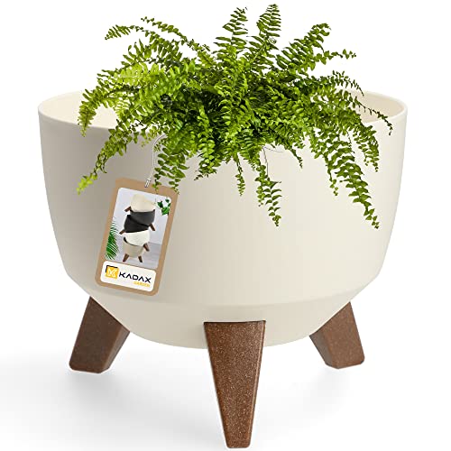 KADAX Vaso Rialzato in Plastica per Piante da Interno ed Esterno, Coprivaso Decorativo con Piedistallo Simil-Legno e Design Moderno (24 cm, Crema)