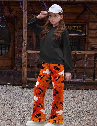 Arshiner Girls 2 Piece Outfits Sweatsuits Sets Kangaroo Pocket Long Sleeve Hooded Sweatshirt with Flare Sweatpants Sets3