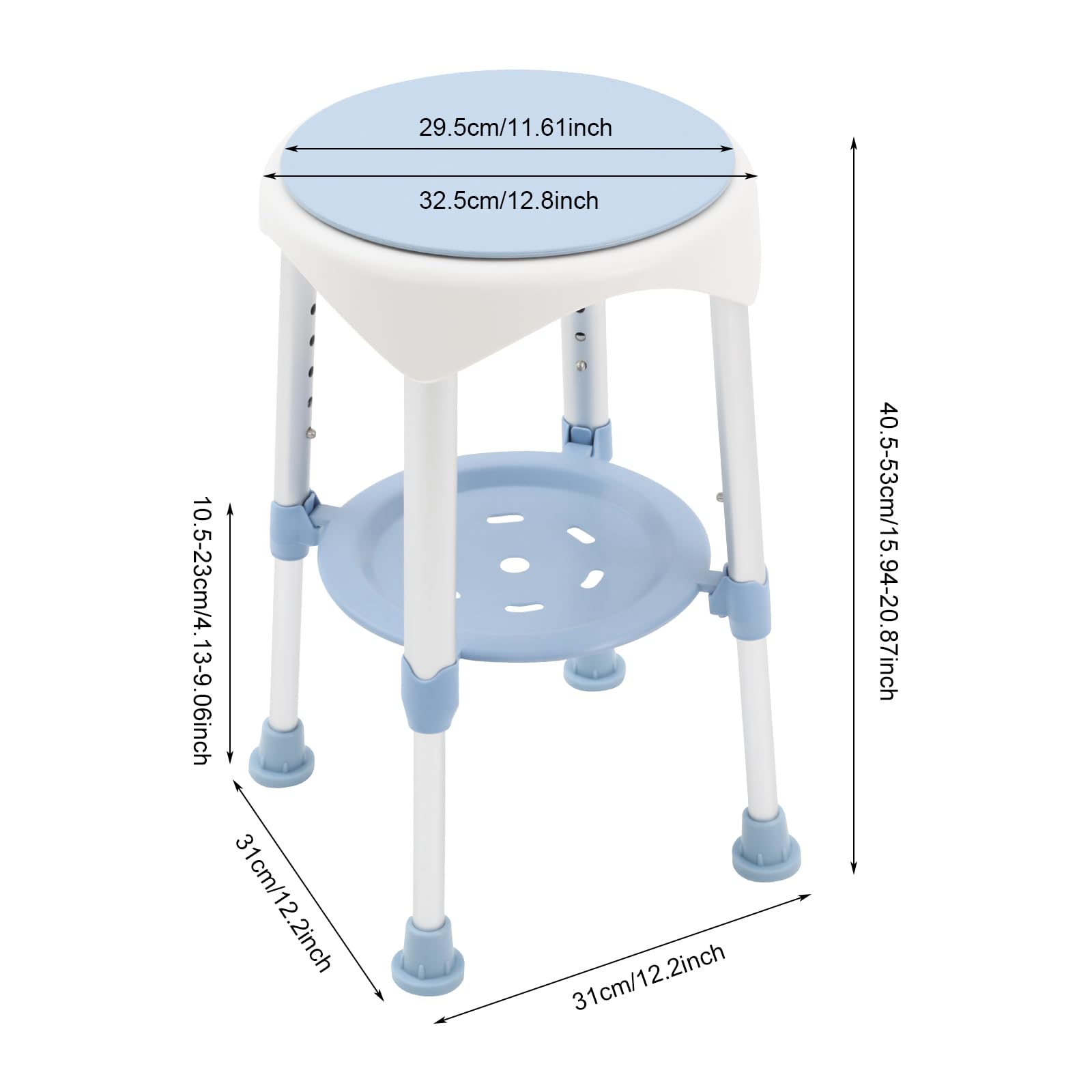 Taburete de ducha giratorio para personas mayores, asiento de ducha giratorio 360°, silla de baño con estante, altura regulable hasta 150 kg, color azul