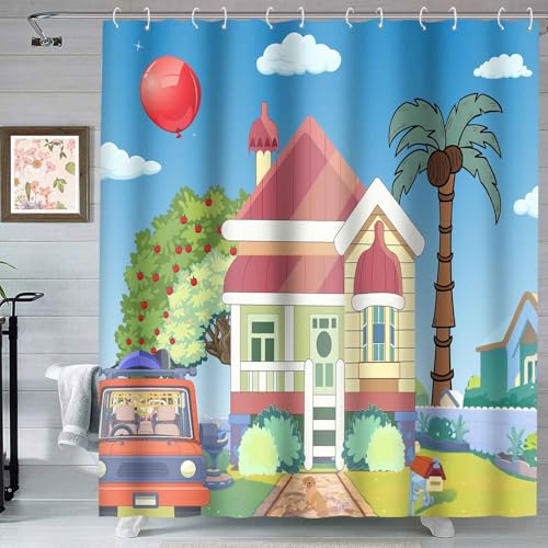 Image of Blue Them Balloon Cartoon House 72x72 Decorative Shower Curtain With Hooks | Bluey Backdrop With Cartoon House Red Balloon Print, Polyester Shower Curtain, With Hooks For Bathroom Decoration
