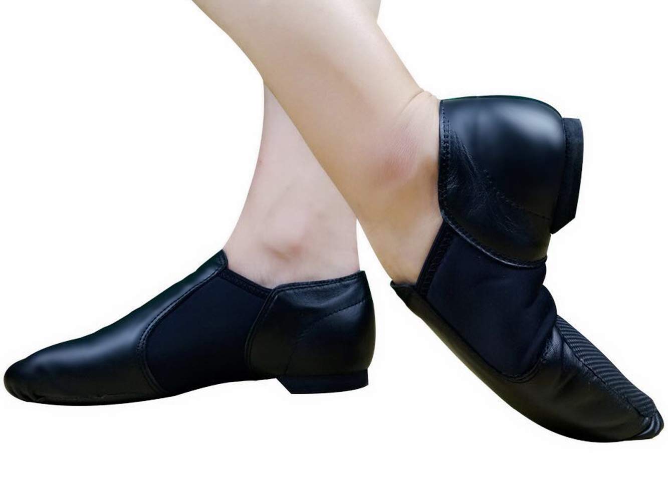 Lyra Genuine Soft and Comfy Leather Upper Stretch Neoprene Jazz Dance Shoes Slip on for Women and Men in Dancing Practice and Training Narrow and Slim Cut Black