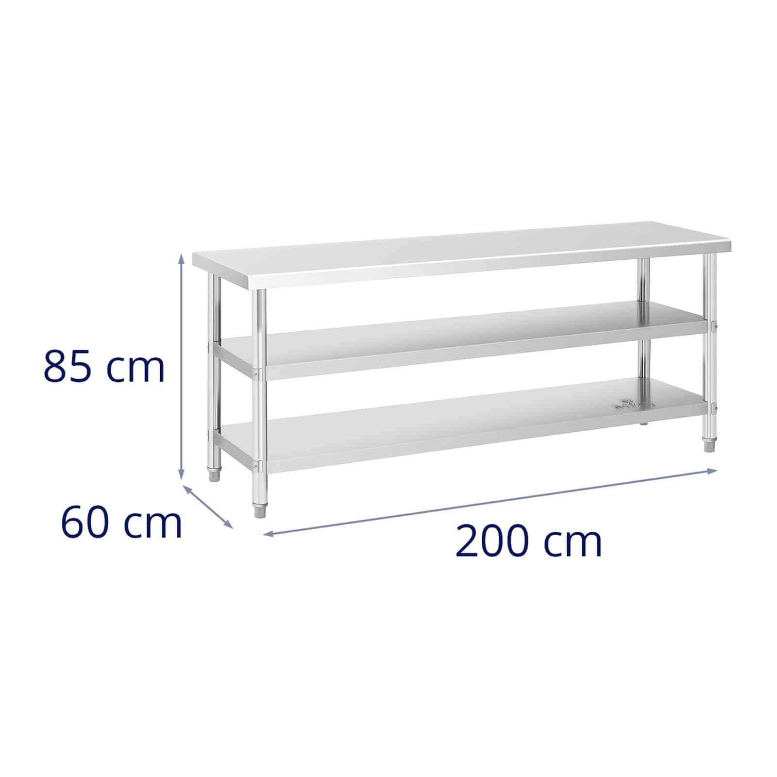 Royal Catering RCAT-200/60-PS3SH - Tavolo in acciaio INOX, 200 x 60 cm, 500 kg, 2 ripiani in acciaio inox