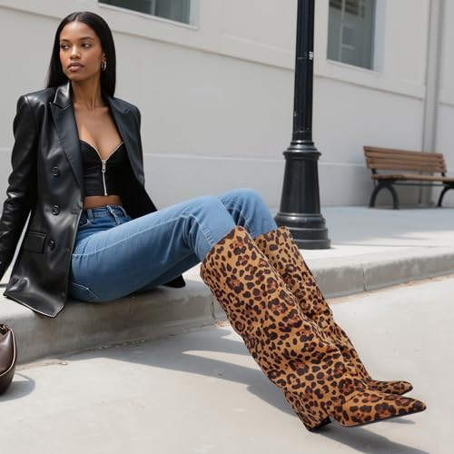 Image of Modatope Knee High Boots Women Fold Over Knee High Boots Chunky High Heels Long Boots Zipper Pointed Toe Dress Tall Boots for Women