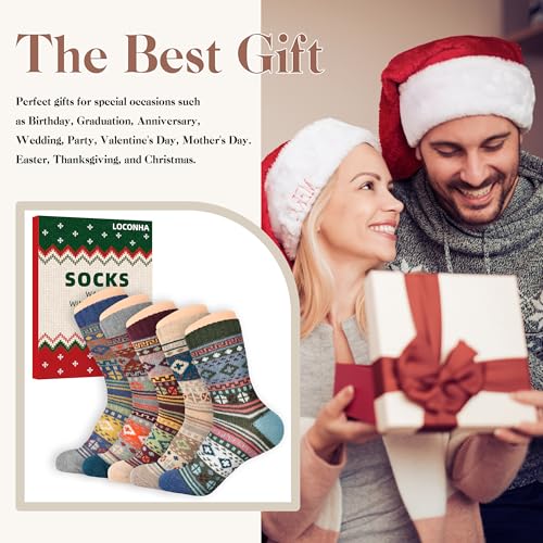 Image of LOCONHA Womens Wool Socks 5 Pairs Winter Warm Sock Thick Knit Cabin Cozy Crew Soft Socks Gifts for Women