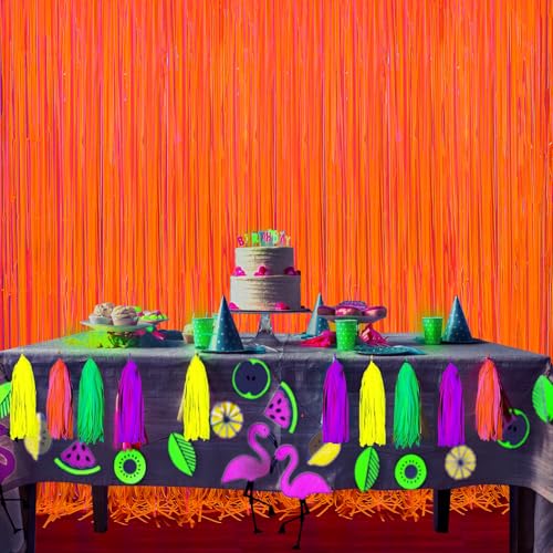 Image of 2Pack Glow in The Dark Party Supplies, Neon Party Decorations 6.6x6.6ft Fluorescent Macaron Orange Tinsel Foil Fringe Curtains, Photo Booth Prop Backdrop Luminous Streamer, Birthday Halloween Party