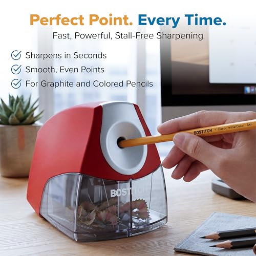 Image of Bostitch Office Electric Pencil Sharpener for Classroom & Desk Use, Heavy-Duty Stall-Free Motor, High-Capacity Shavings Tray, Red