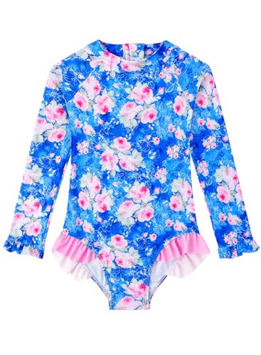 Image of Baby Toddler Girl Long Sleeve Ruffle Swimsuit One Piece Zipper Rash Guard Bathing Suit with UPF 50+ Sun Protection