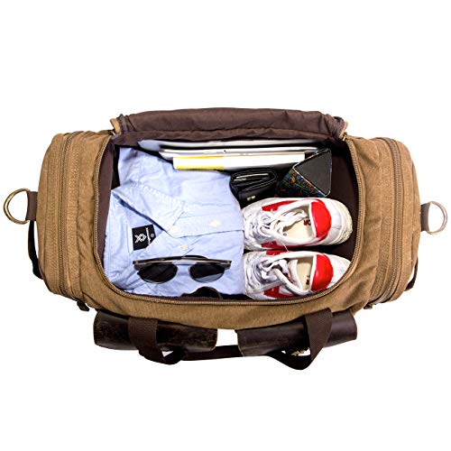 SUVOM Canvas Duffle Bag Leather Weekend Bag Carry On Travel Bag Luggage Oversized Holdalls for Men and Women(Coffee)