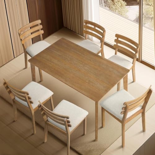 Image of Dining Table Set for 6, Wooden Farmhouse Table, 6 Upholstered Chairs