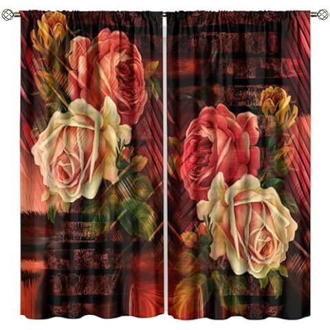 NQNFWCRJ Red Rose Kitchen Curtains Floral Window Treatment Black Red Valentine Cafe Short Curtains for Bathroom Dining Laundry Room Tier Treatment Drapes 42" W X 45" L Cover
