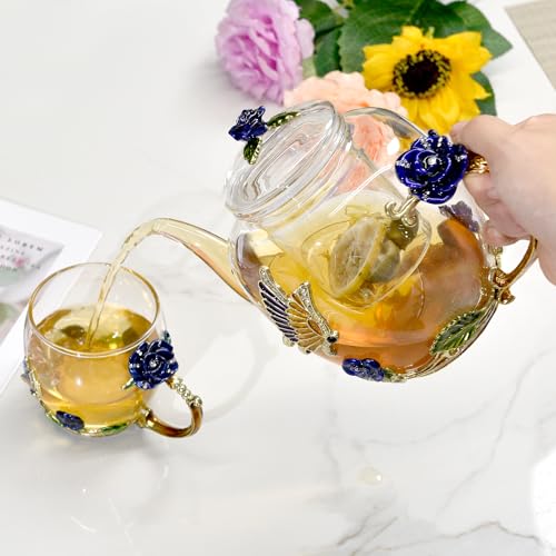 Tetera de cristal esmaltado con rosa azul: el regalo ideal para el Día de la Madre y cumpleaños 3