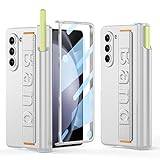 Libeagle Compatible with Samsung Galaxy Z Fold 5 Case, Fold 5 New Slim S Pen (2023) Holder & Hinge Protection, Safe to Hold with Strap on Back, Screen Protector,Wireless Charging Cover 5G-Silver