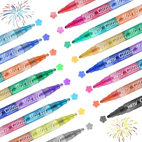 HOTU Rotuladores Purpurina, 16 Colores Metalizados Glitter Marcadores Plumas Acrilicos Markers Brillantes Punta Redonda 2 mm Para Pintar Piedras, Cristal, Madera, Tela, Scrapbook, Manualidade