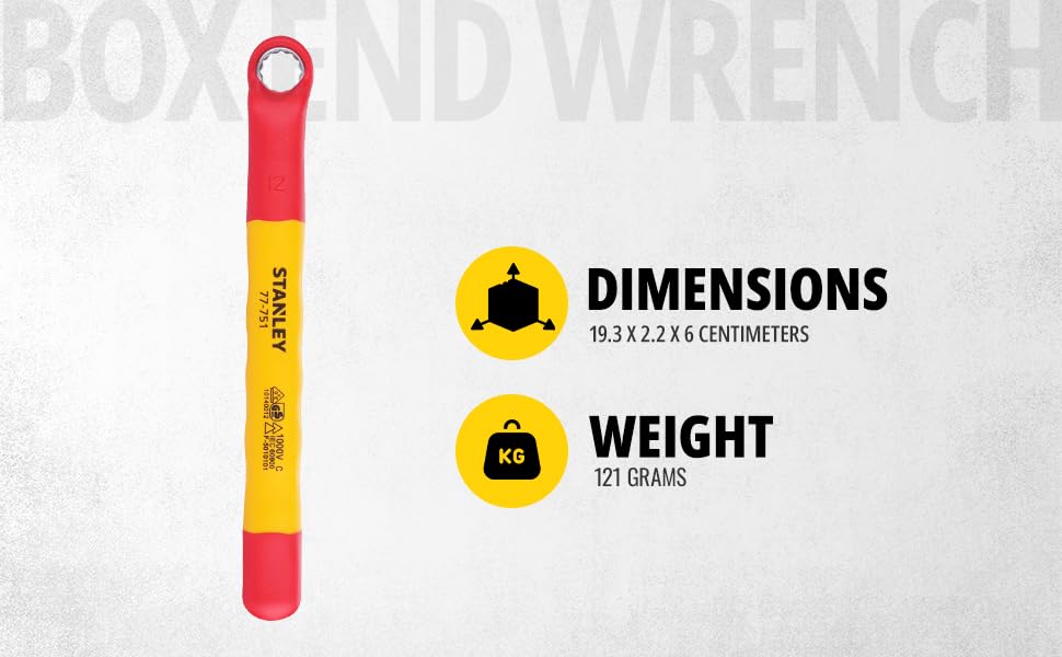 Image of STANLEY STMT77751-23B VDE Insulated Box End Wrench 12mm, Ideal For Repair Of Electric Vehicles, Red and Yellow