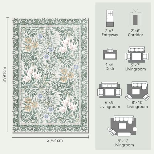 Image of Botanical Floral Washable Entryway Area Rug 2x3 Light Green Cream Vintage Garden Design, Perfect for Soft Door Mat Indoor Entrance, Ultra-Thin Easy Clean Small Throw Carpet for Bedroom Bathroom