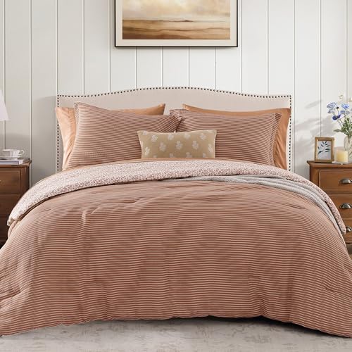Image of BLOOMHAVEN Full Comforter Set - 7 Pieces Autumn Leaf Bedding Sets for All Seasons, Lightweight Breathable Bed in a Bag Full with Revesible Farmhouse Comforter, Sheets, Pillowcases & Shams