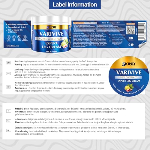 5kind clinical skincare Varicose Veins Treatment for Legs 3.4 Fl Oz - Horse Chestnut Cream for Varicose Veins with Zinc, Avocado & Arnica - Improve the Appearance & Feel of Varicose Veins - Varicose Veins Cream by 5Kind