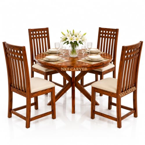Image of Wooden Dining Table & Chair Set for 4 Person | Solid Sheesham Wood Dining Set with Backrest Chairs | Modern & Trending Style Design for Home & Dining Room